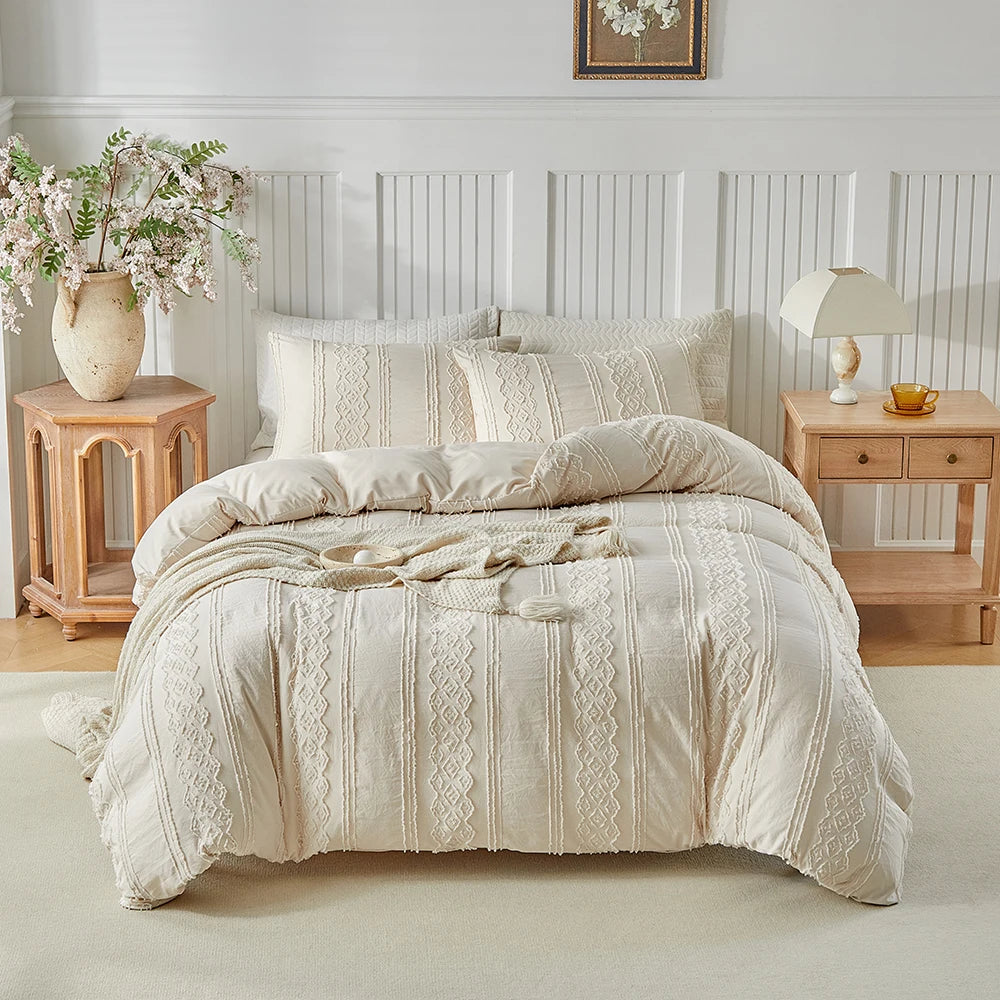 Zeby Boho Stripes Floral Duvet Cover Set With Pillowcases