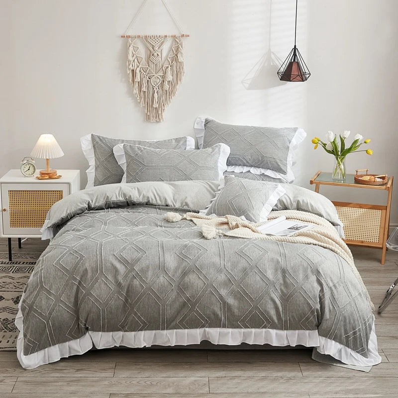 Luxo Premium Boho Flower Textured Ruffles Duvet Cover Set