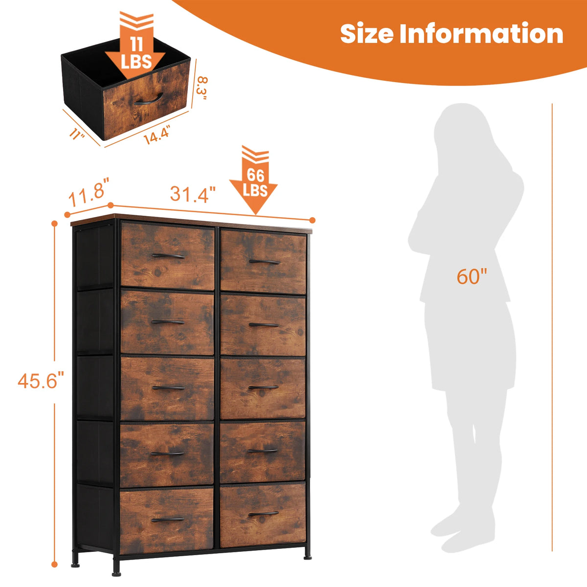 JHK 10 Drawer Fabric Wardrobe With Steel Frame Storage Cabinet