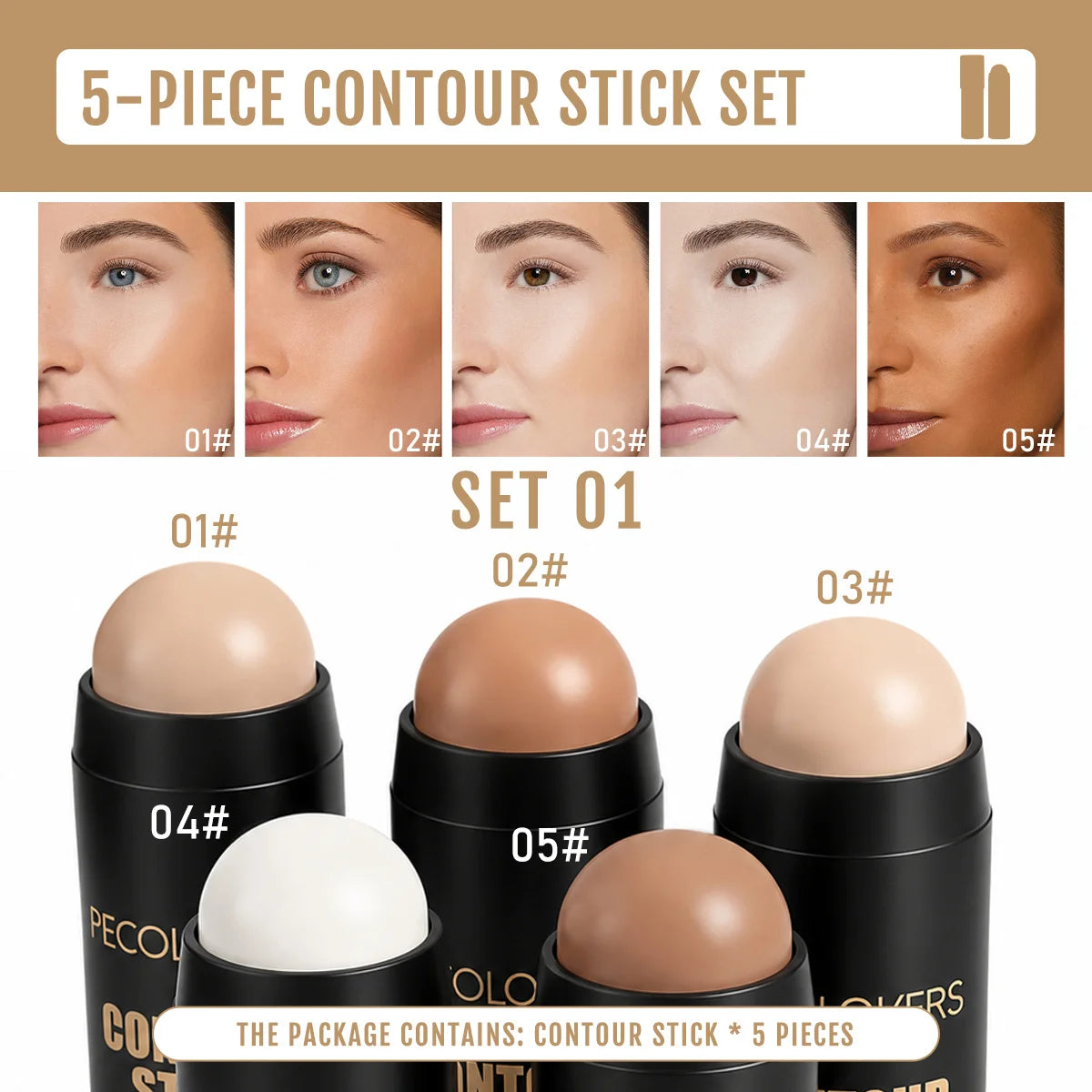 5PCS/SET Covers Spots, Blemishes, Dark Circles, Natural Matte Finish, Long-lasting, Waterproof Concealer Stick, Highlighter Contour Stick,Foundation Stick, Suitable for All Skin Types