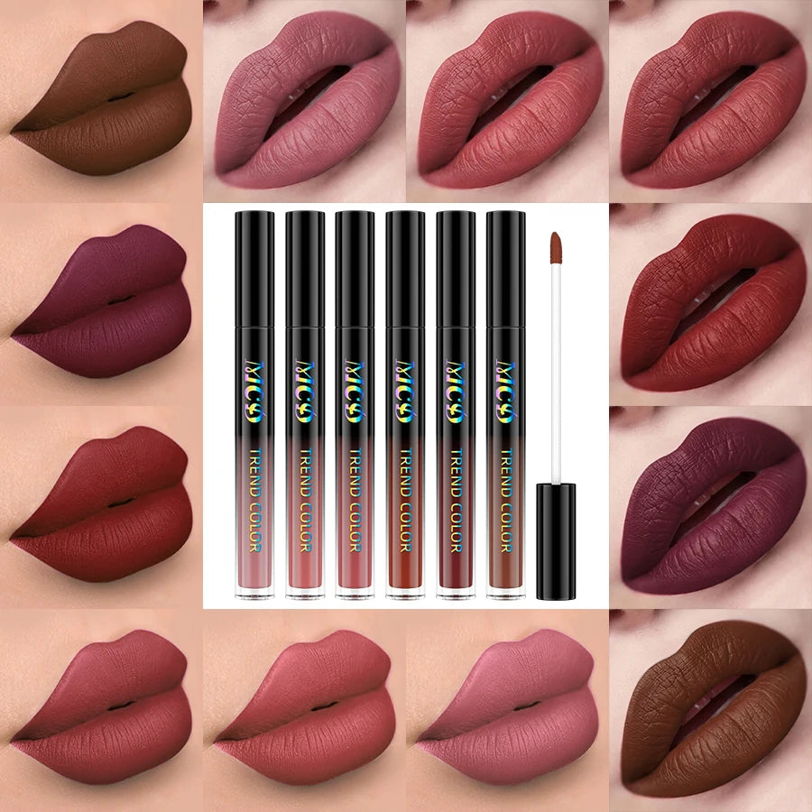 6pcs Different Colors Matte Lip Glaze Set Velvet Lip Gloss Waterproof Liquid Lipstick Nude Black Lips Tint Makeup Lip Glaze Cosmetics for Women Gifts Sexy Red Lip Stain Beauty