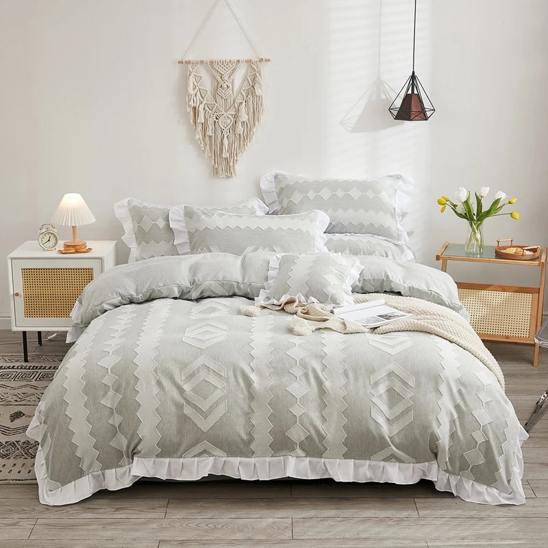 Luxo Premium Boho Flower Textured Ruffles Duvet Cover Set