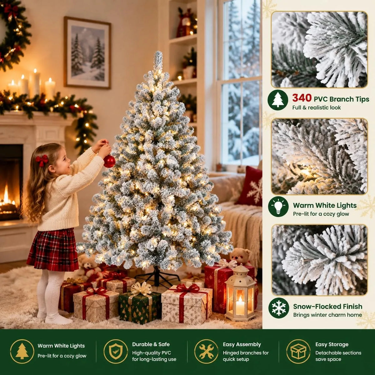 Anixol Prelit Artificial Christmas Tree With 100 Lights And Snowflake Decor