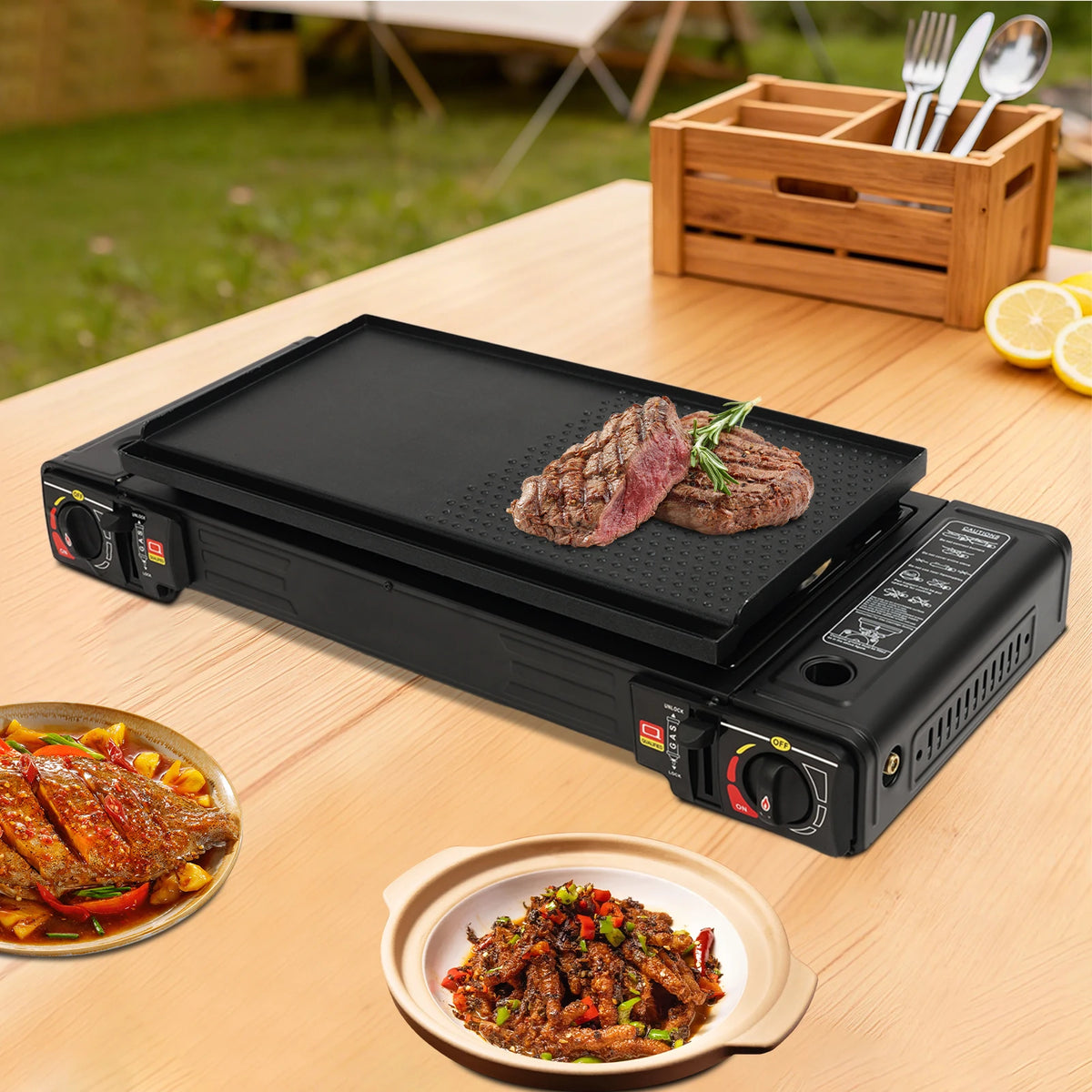 Portable Dual Burner Gas Stove With Piezo Ignition For Camping