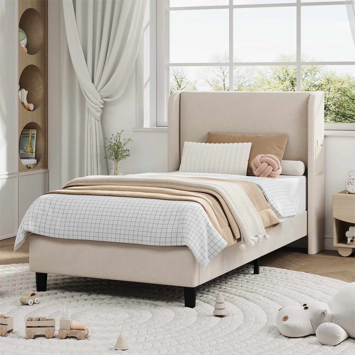 Gaomon Modern Wingback Upholstered Bed Frame With Wooden Slats