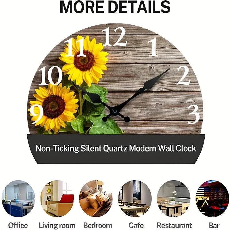 Rustic Sunflower-Themed Silent Wall Clock - Decorative Round Wooden Clock with Vibrant Floral Design, Quiet Operation for Home Decor & Gift, AA Battery Required (Not Included), Wall Clock Living Room