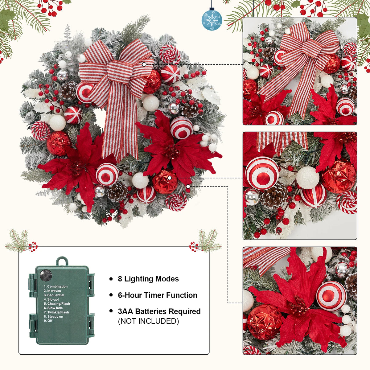 24" Pre-Lit Christmas Wreath, Artificial Flocked Garland with Red Bow, Poinsettias, Ball Ornaments, Pinecones & 8 Modes LED Lights for Front Door, Fireplace, Wall & Window Decor