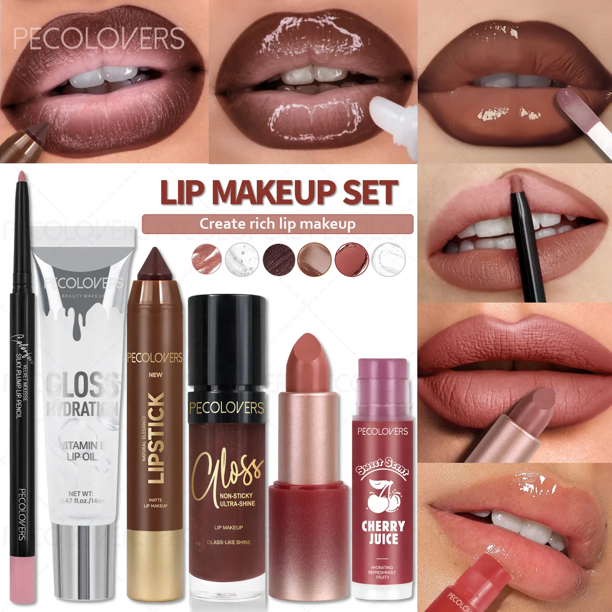 6PCS/Set Lip Makeup Set, Matte Lip Liner & Moisturizing Transparent Lip Oil & Lip Liner Lipstick Pen & Moisturize Lip Gloss & Red Nude Lipstick & Fruit Cherry Flavored Lip Balm, Create Rich Lip Makeup