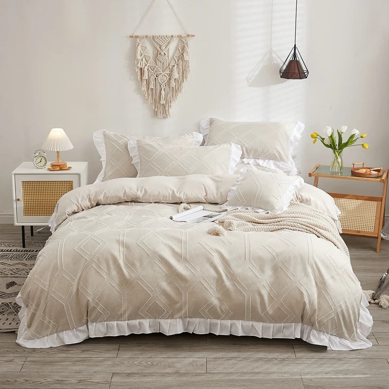 Luxo Premium Boho Flower Textured Ruffles Duvet Cover Set