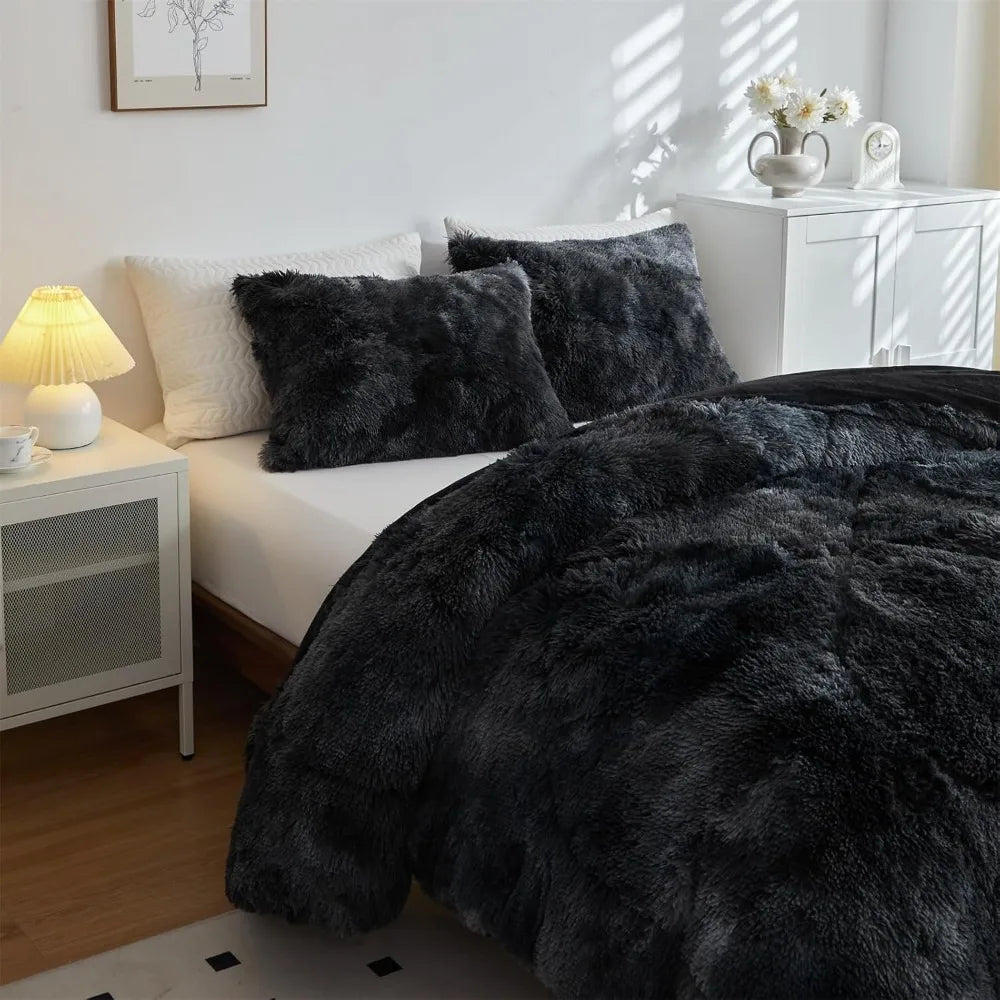 Premium Embroidered Faux Fur Plush Comforter Set For Bedroom
