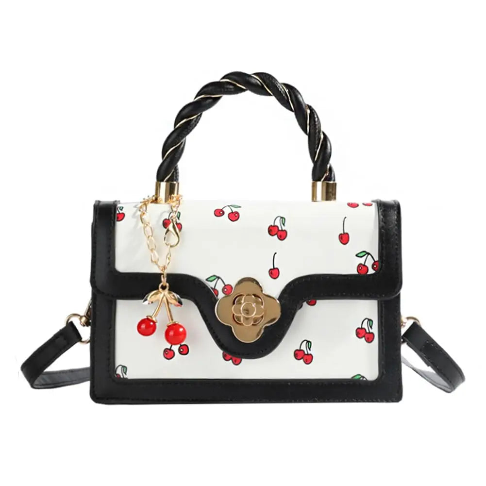 Women Mini Cherry Print Handbag Cute Twist Handle Crossbody Purse Flower Turn‑lock PU Leather Small Shoulder Bag With Cherry Pendant Removable Strap Fashion Daily Satchel Bag