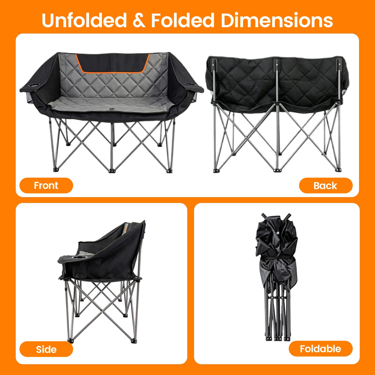 Heavy Duty Double Folding Camping Chair With Cup Holder Storage