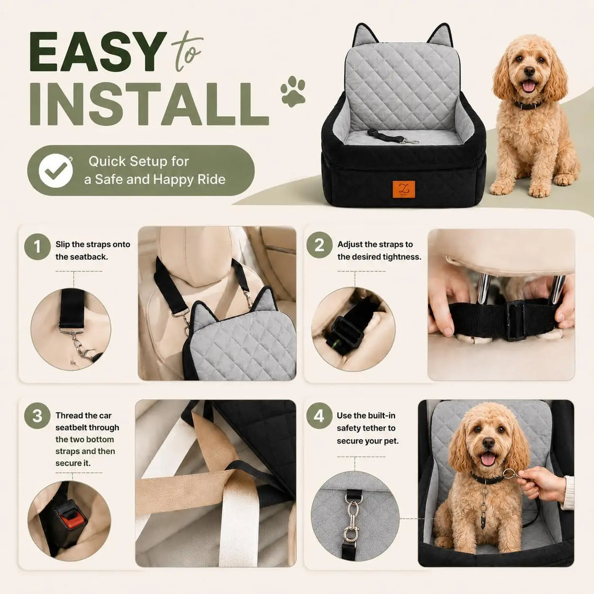 Dog Car Seat Booster For Small Dogs Up To 25 lbs, Pet Car Seat Wtih 6-inch Booster, Safety Belt, Non-slip Base, High-density Foam, Washable Cover  For Travel