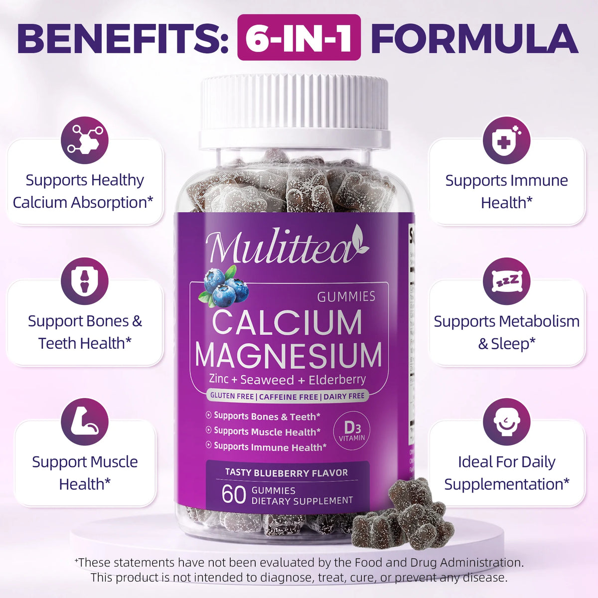 Mulittea Plant Based Calcium Magnesium Zinc Gummies With Vitamin D3