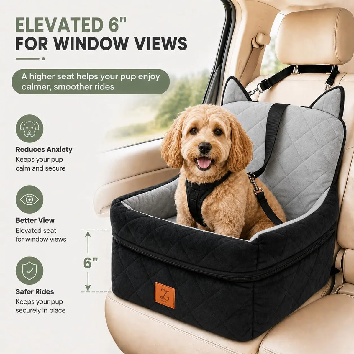 Dog Car Seat Booster For Small Dogs Up To 25 lbs, Pet Car Seat Wtih 6-inch Booster, Safety Belt, Non-slip Base, High-density Foam, Washable Cover  For Travel