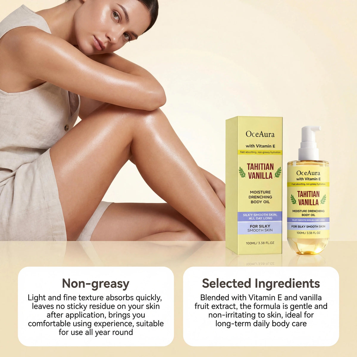 OceAura Vanilla Body Oil Lightweight Texture Long Lasting Fragrance Gentle Moisturizing Relieve Roughness Soft Relaxing Body Essence