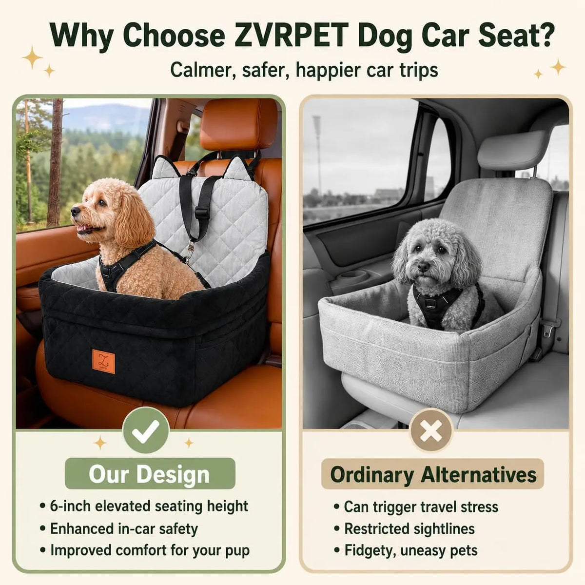 Dog Car Seat Booster For Small Dogs Up To 25 lbs, Pet Car Seat Wtih 6-inch Booster, Safety Belt, Non-slip Base, High-density Foam, Washable Cover  For Travel