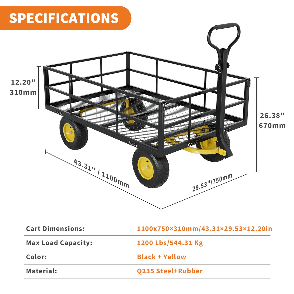 HiMiss Heavy Duty Steel Garden Wagon For Yard And Tools