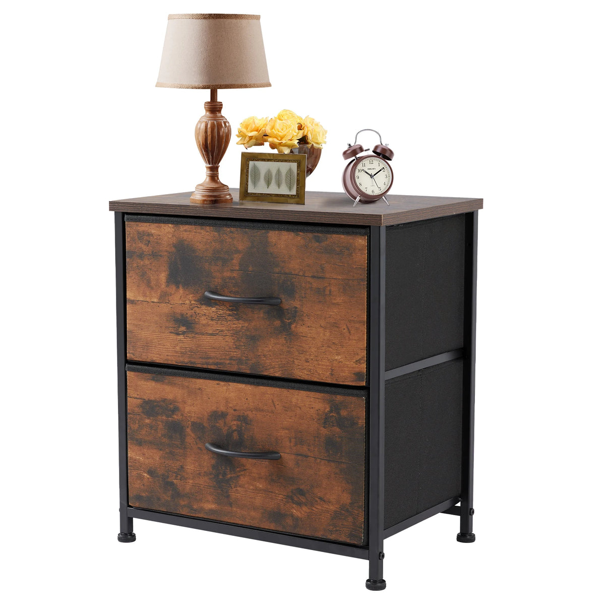 JHK Modern Metal Nightstand With Fabric Drawer Storage Cabinet
