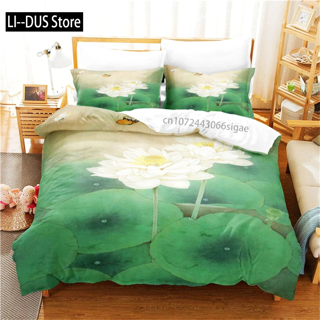 Pink Lotus Duvet Cover Set Featuring Stream Water Design Bedding