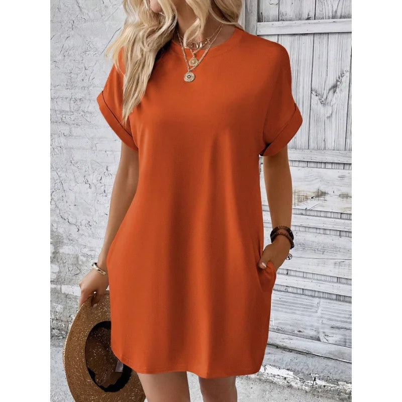 Women's Simple Solid Color Pocket Bat-Sleeve T-Shirt Dress, Summer Casual Round-Neck Short Dress with Rolled Sleeves, Casual Everyday Wear, Fashionable Women's Loose Dress, Apricot Color