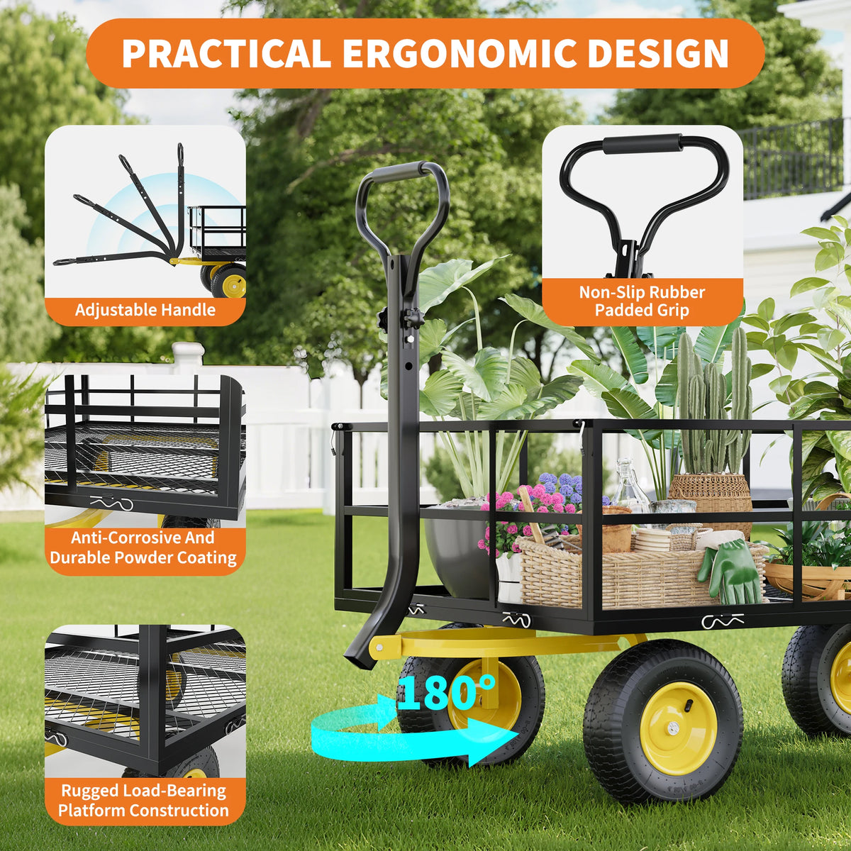 HiMiss Heavy Duty Steel Garden Wagon For Yard And Tools