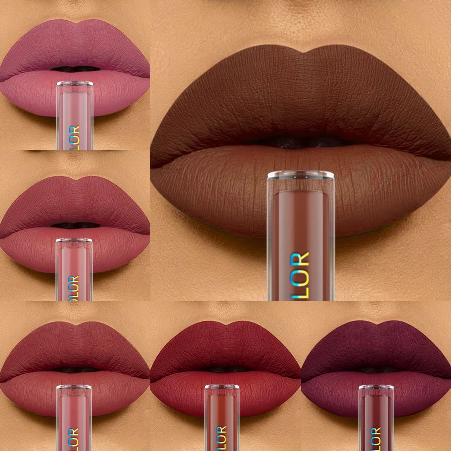 6pcs Different Colors Matte Lip Glaze Set Velvet Lip Gloss Waterproof Liquid Lipstick Nude Black Lips Tint Makeup Lip Glaze Cosmetics for Women Gifts Sexy Red Lip Stain Beauty