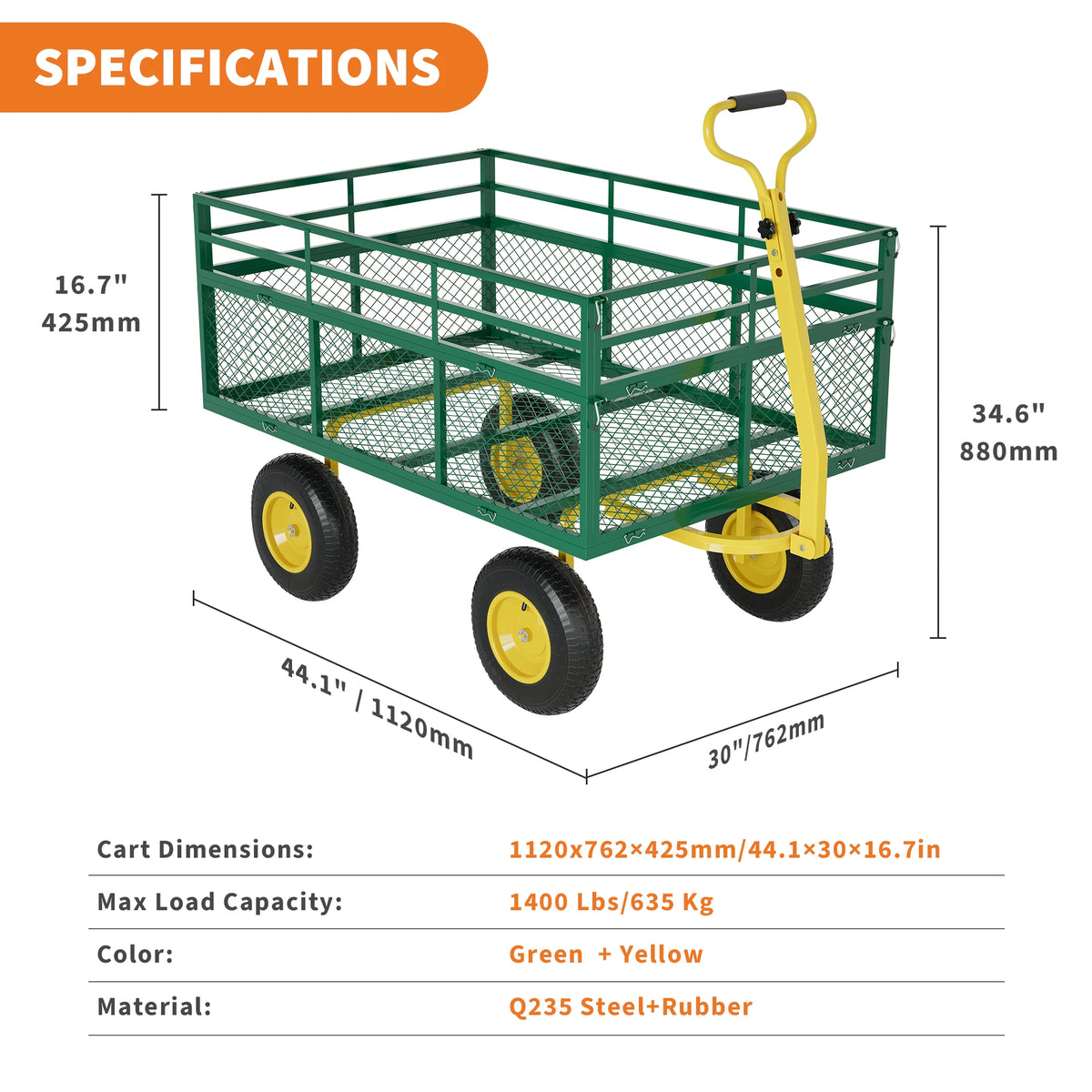 HiMiss Heavy Duty Steel Garden Wagon For Yard And Tools