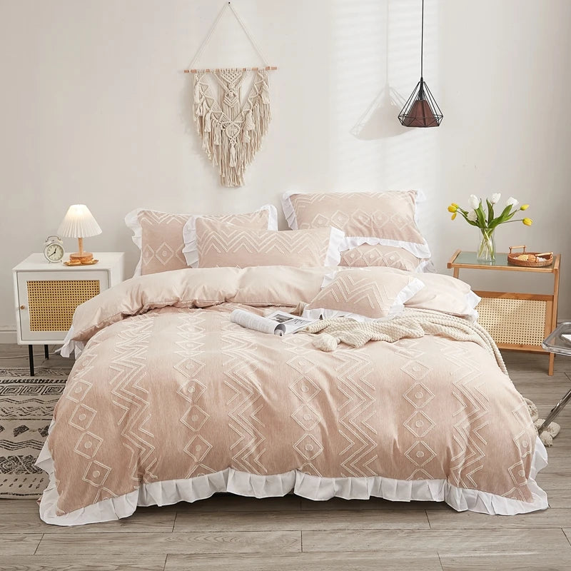 Luxo Premium Boho Flower Textured Ruffles Duvet Cover Set