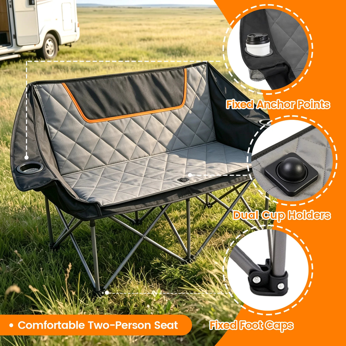 Heavy Duty Double Folding Camping Chair With Cup Holder Storage
