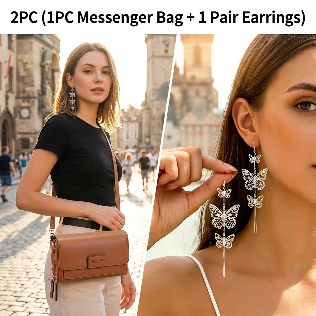 2PC(1PC Messenger Bag+1 Pair Earrings )Women's Small Shoulder Crossbody Bag and Elegant Long Drop Earrings,Hollow Butterfly Tassel Earrings,Bohemian Style, Mobile Phone Card Wallet Bag,Casual Handbag for Party Birthday,Daily