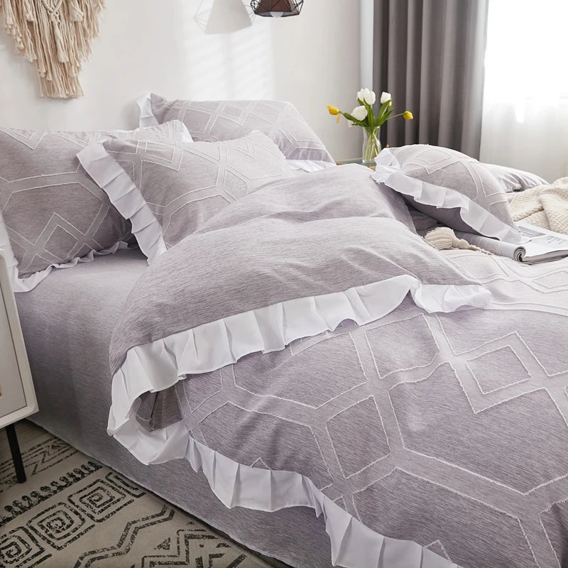 Luxo Premium Boho Flower Textured Ruffles Duvet Cover Set