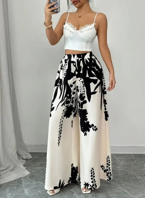 Women Floral Print Palazzo Pants Wide Leg High Waist Trousers