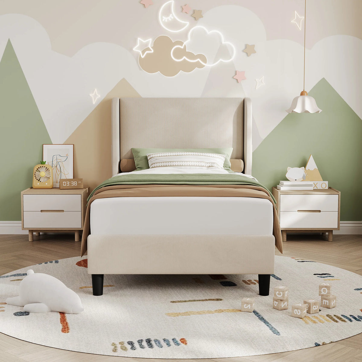Gaomon Modern Wingback Upholstered Bed Frame With Wooden Slats