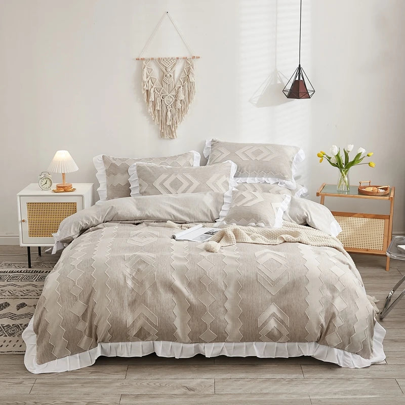 Luxo Premium Boho Flower Textured Ruffles Duvet Cover Set