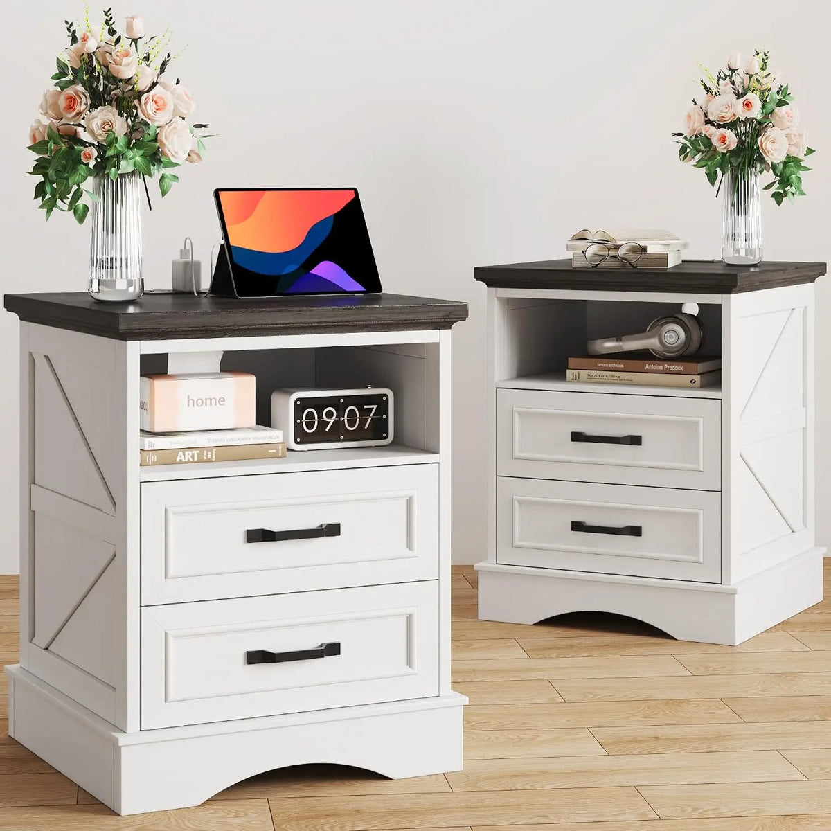 Farmhouse Nightstands Set With Drawers And Fast Charging Station