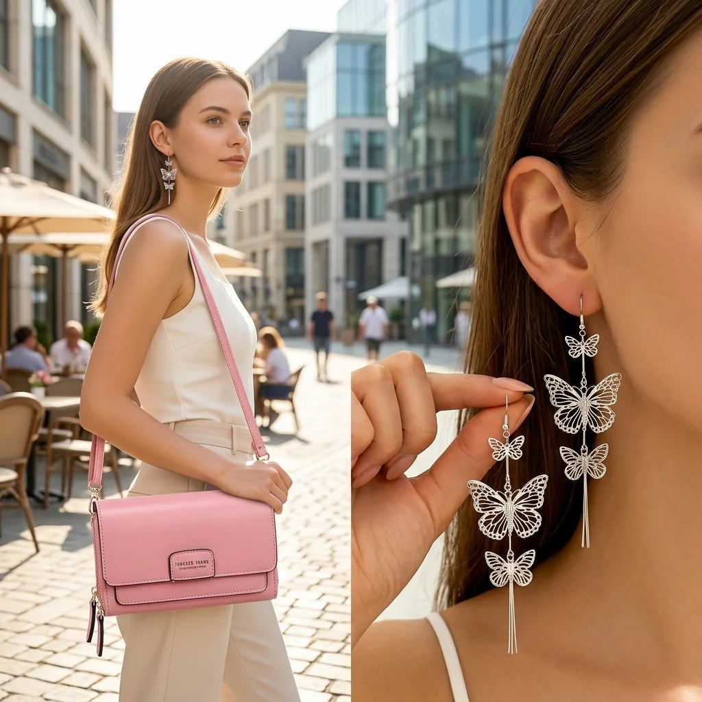 2PC(1PC Messenger Bag+1 Pair Earrings )Women's Small Shoulder Crossbody Bag and Elegant Long Drop Earrings,Hollow Butterfly Tassel Earrings,Bohemian Style, Mobile Phone Card Wallet Bag,Casual Handbag for Party Birthday,Daily