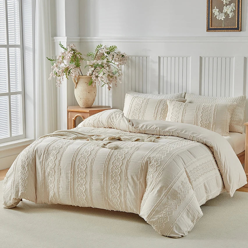 Zeby Boho Stripes Floral Duvet Cover Set Comfortable Bedding