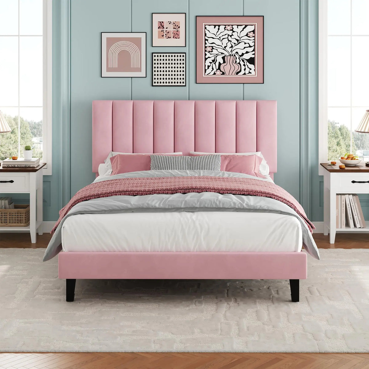 HiMISS Upholstered Platform Bed With Adjustable Tufted Headboard Wood Slats