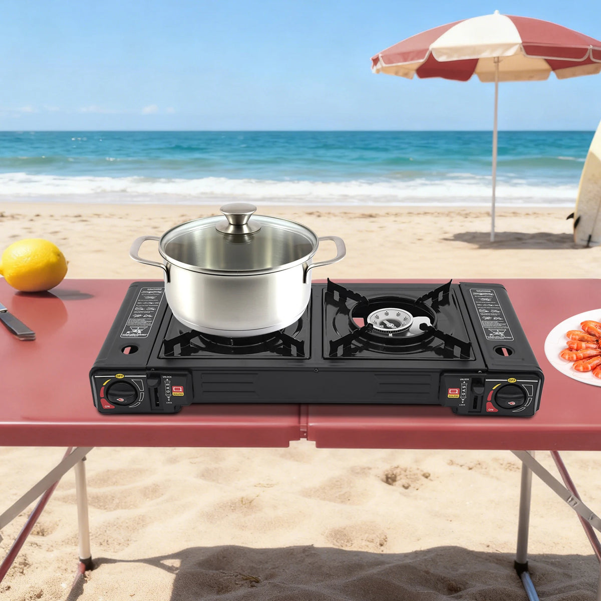 Portable Dual Burner Gas Stove With Piezo Ignition For Camping