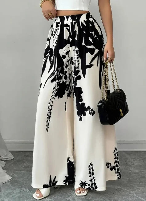 Women Floral Print Palazzo Pants Wide Leg High Waist Trousers