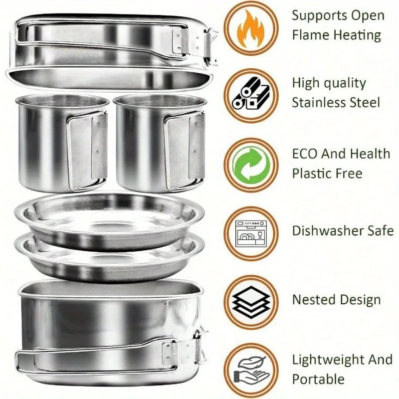 Folding Stainless Steel Camping Cookware Set With Carry Bag