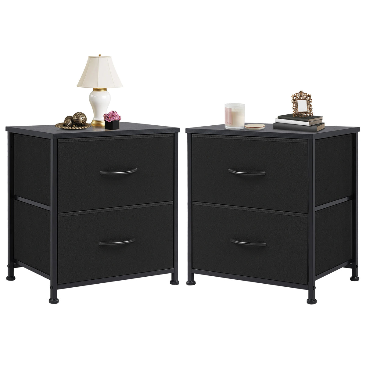 JHK Modern Metal Nightstand With Fabric Drawer Storage Cabinet