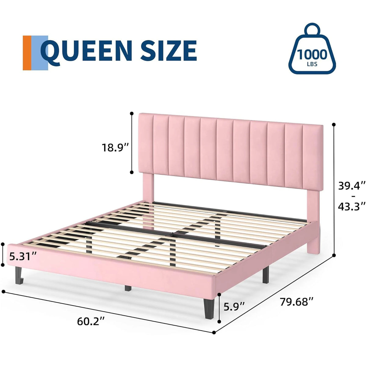 HiMISS Upholstered Platform Bed With Adjustable Tufted Headboard Wood Slats