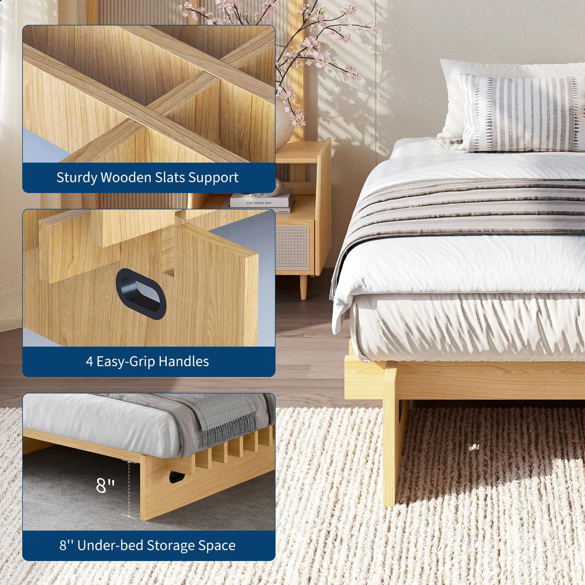HiMISS Low Profile Wood Platform Bed Frame With Ample Storage