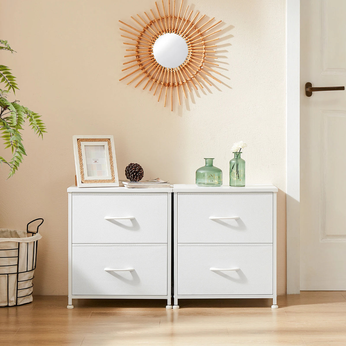 JHK Modern Metal Nightstand With Fabric Drawer Storage Cabinet