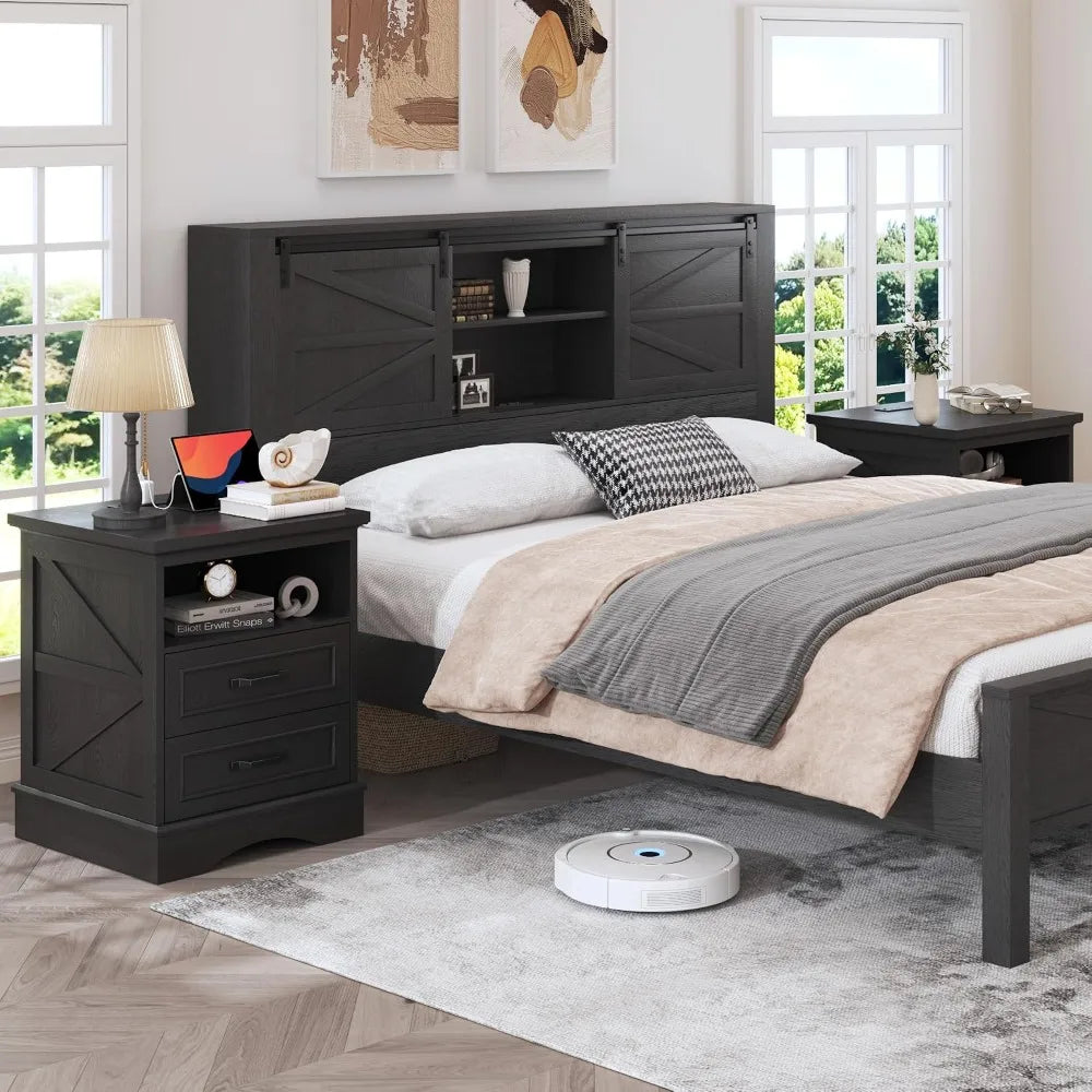 Farmhouse Nightstands Set With Drawers And Fast Charging Station