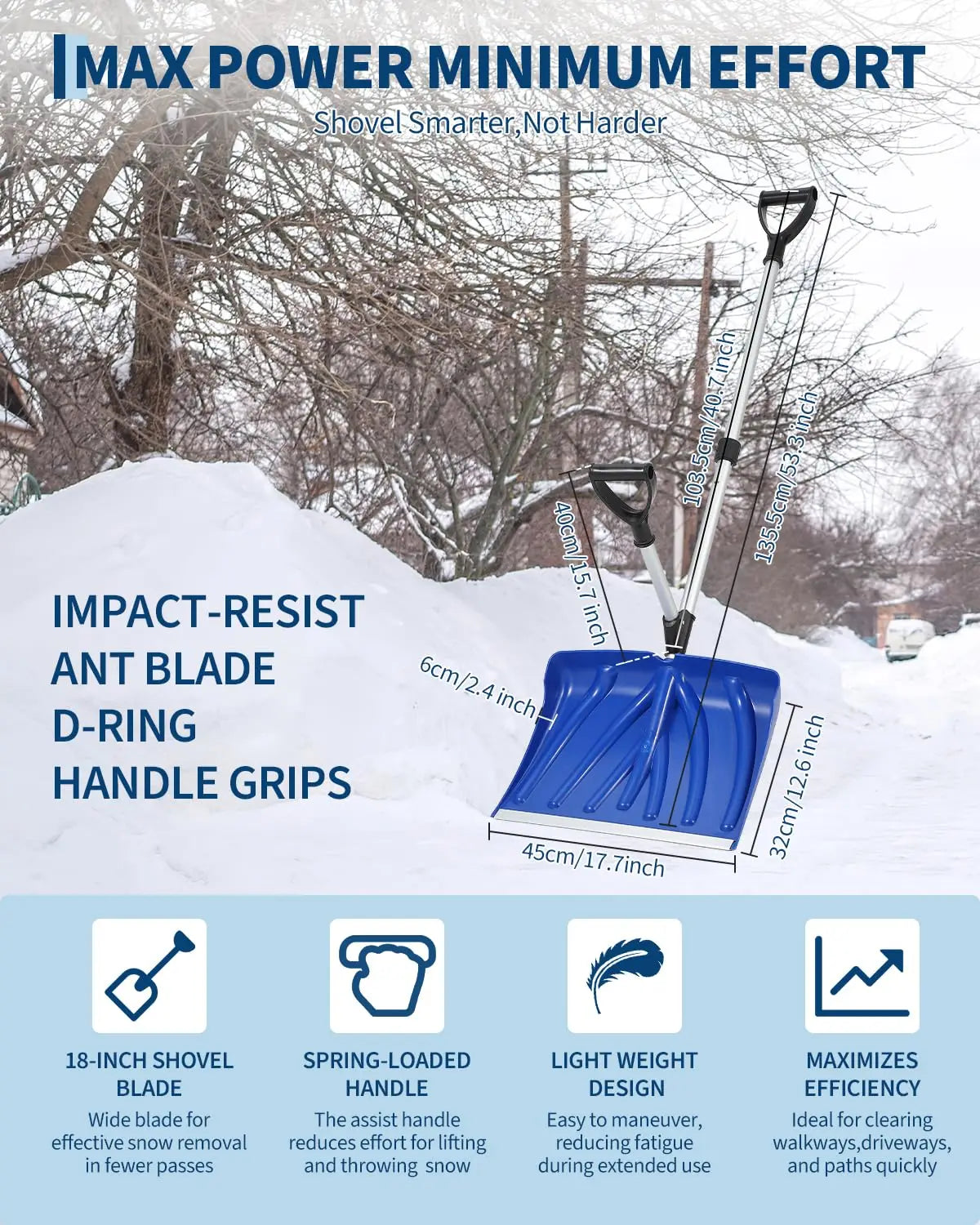 HiMISS Ergonomic Snow Shovel With Assisted D Grip Handle