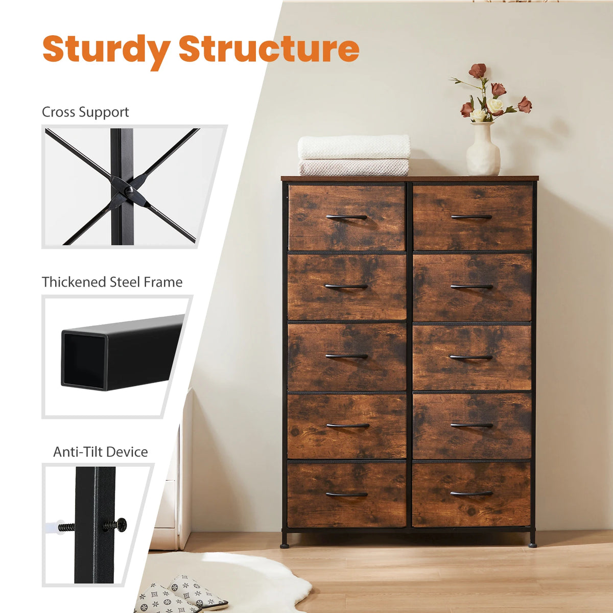 JHK 10 Drawer Fabric Wardrobe With Steel Frame Storage Cabinet