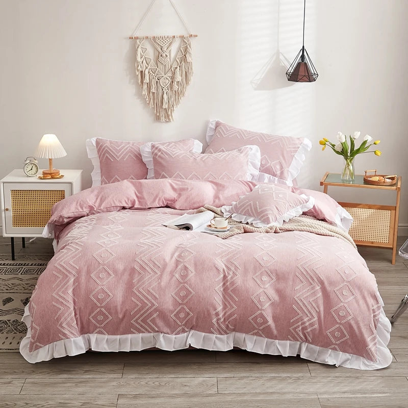 Luxo Premium Boho Flower Textured Ruffles Duvet Cover Set